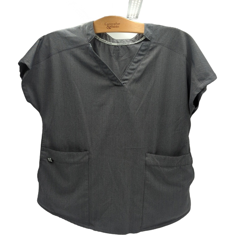 ClimateRight by Cuddl Duds Scrub Top Grey Heather V-Neck Pockets Small